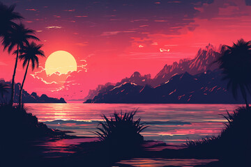 Fototapete - A pixel art illustration of a synthwave-inspired sunset, fusing retro aesthetics with electronic music vibes.