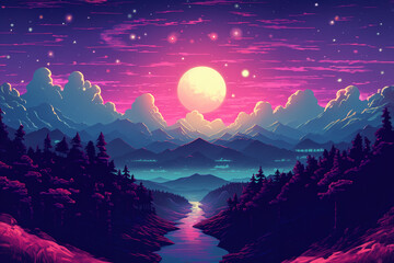 Poster - A pixel art illustration of a synthwave-inspired sunset, fusing retro aesthetics with electronic music vibes.