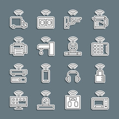 Poster - Set line Smart microwave oven, safe combination lock, Wireless tablet, security camera, water tap, printer, truck and sensor icon. Vector