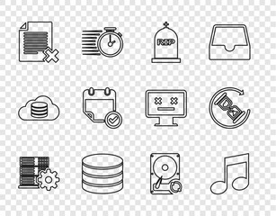 Poster - set line server setting, music note, tone, tombstone with rip written, database, delete file documen