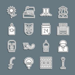 Sticker - Set line Monument of Independence, Ukrainian cossack, Hotel Ukraina building, footwear, trident, Bottle vodka, Sunflower and day Ukraine icon. Vector