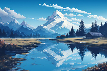 Leinwandbilder - Minimalist pixel art featuring a mountain reflected in water, utilizing simplicity to convey a tranquil scene.