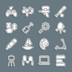 Canvas Print - Set line Toy building block bricks, Roller scooter, Racket, Water gun, Shovel toy, Puzzle pieces, Gamepad and Rattle baby icon. Vector