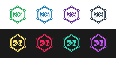 Poster - Set line 5G new wireless internet wifi connection icon isolated on black and white background. Global network high speed connection data rate technology.  Vector