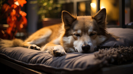 Leinwandbilder - Cozy scene capturing paw prints leading to a soft and inviting pet bed, emphasizing comfort and domestic bliss.