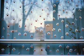 Leinwandbilder - Whimsical image of paw prints on a window pane, suggesting the curiosity and playfulness of pets exploring their surroundings.