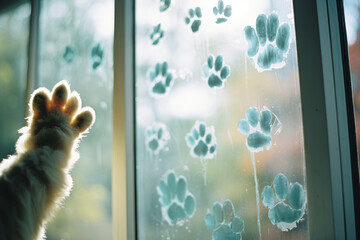 Leinwandbilder - Whimsical image of paw prints on a window pane, suggesting the curiosity and playfulness of pets exploring their surroundings.