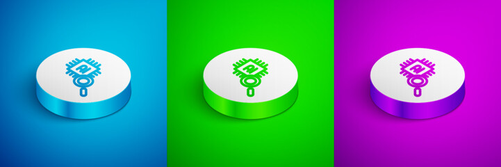 Sticker - Isometric line Computer processor with microcircuits CPU icon isolated on blue, green and purple background. Chip or cpu with circuit board. Micro processor. White circle button. Vector