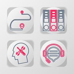 Poster - Set line Headphones with speech bubble chat, Human head service, Office folders and Route location icon. Vector