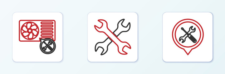 Poster - Set line Location service, Air conditioner and Crossed wrenchs icon. Vector