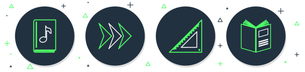 Poster - Set line Arrow, Triangular ruler, Audio book and Open icon. Vector