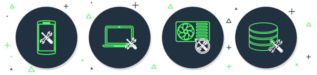 Poster - Set line Laptop service, Air conditioner, Smartphone and Database server icon. Vector