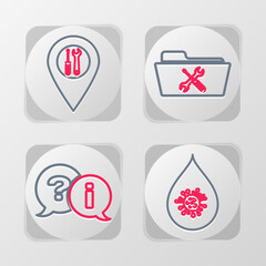 Sticker - Set line Dirty water drop, Question and Exclamation, Folder service and Location icon. Vector