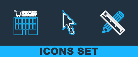 Poster - Set line Crossed ruler and pencil, Supermarket building and Pixel arrow cursor icon. Vector