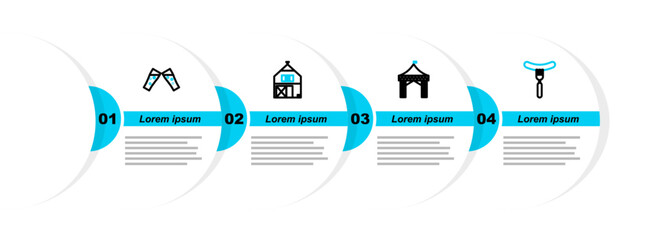 Poster - Set line Sausage on the fork, Camping tent, Farm House and Glass of beer icon. Vector