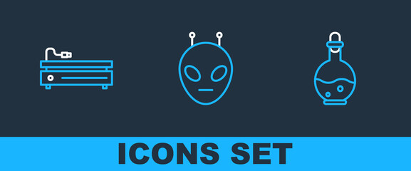 Poster - Set line Bottle with magic elixir, Video game console and Alien icon. Vector