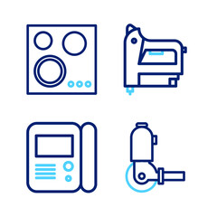 Poster - set line angle grinder, house intercom system, electric construction stapler and gas stove icon. vec