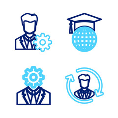 Wall Mural - Set line Human resources, Head with gear inside, Graduation cap on globe and Profile settings icon. Vector