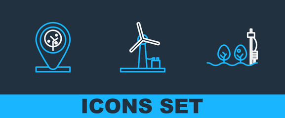 Poster - Set line Standalone sensor and plant, Location tree and Wind turbine icon. Vector
