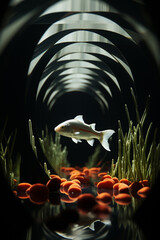 Leinwandbilder - Unique and abstract representation of a fish's shadow in the geometric patterns of aquarium light, creating a visually captivating scene.