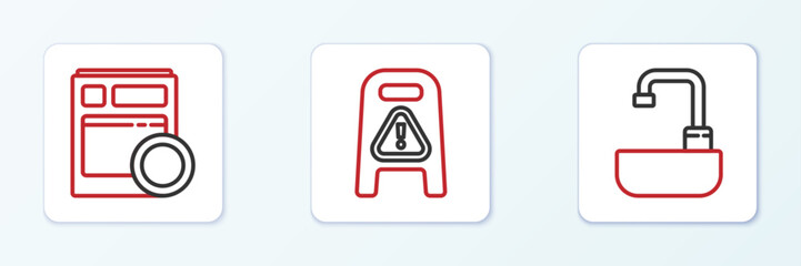 Poster - Set line Washbasin with water tap, Kitchen dishwasher machine and Wet floor and cleaning progress icon. Vector