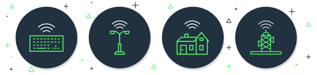 Poster - Set line Smart street light, home with wireless, Wireless keyboard and antenna icon. Vector