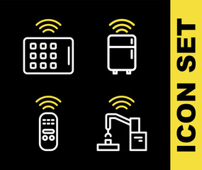 Poster - Set line Smart refrigerator, Robotic robot arm hand factory, remote control and Wireless tablet icon. Vector