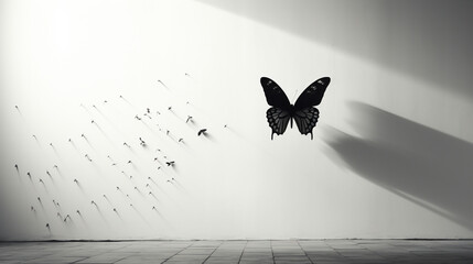 Leinwandbilder - Elegant and minimalistic portrayal of a butterfly silhouette against a pale wall, embodying the fleeting beauty of these delicate creatures.