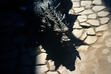 Leinwandbilder - Mystical and abstract representation of a dragon shadow on a pebbled surface, evoking a sense of fantasy and wonder.