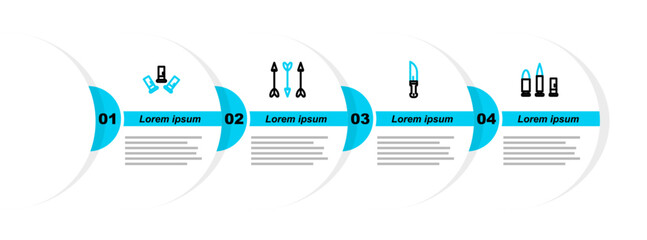Poster - Set line Bullet and cartridge, Hunter knife, Hipster arrows and Cartridges icon. Vector