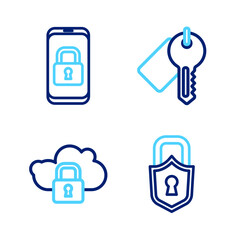 Wall Mural - Set line Lock, Cloud computing lock, Marked key and Mobile with closed padlock icon. Vector