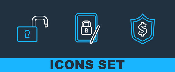 Canvas Print - Set line Shield with dollar, Open padlock and Tablet closed icon. Vector