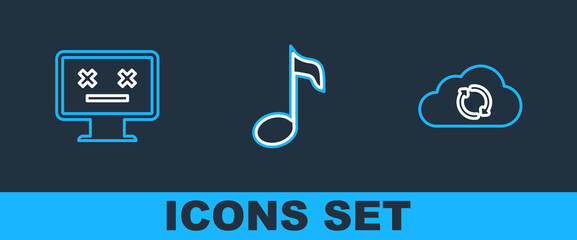 Poster - set line cloud sync refresh, dead monitor and music note, tone icon. vector