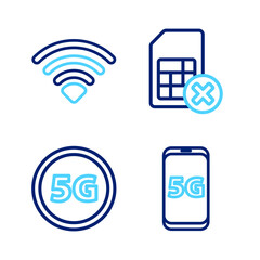 Poster - Set line Mobile with 5G network, Globe Sim Card, card rejected and Wi-Fi wireless icon. Vector
