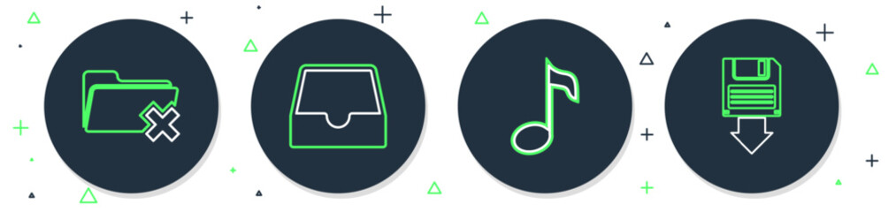 Poster - Set line Social media inbox, Music note, tone, Delete folder and Floppy disk backup icon. Vector