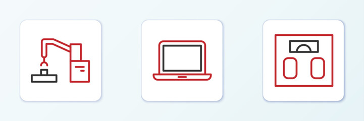 Poster - set line bathroom scales, robotic robot arm hand factory and laptop icon. vector