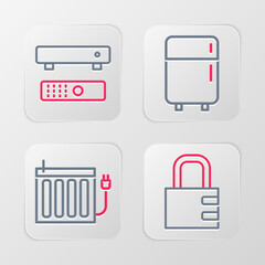 Poster - Set line Safe combination lock, Heating radiator, Refrigerator and Multimedia and TV box icon. Vector