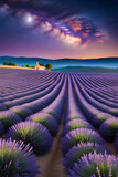 Fototapeta Lawenda - lavender field stars, sunset, warm sunlight, balloons