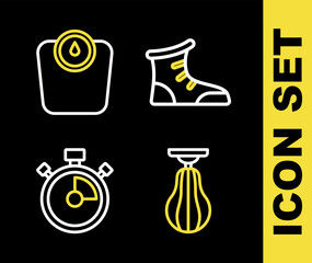 Poster - set line sport boxing shoes, punching bag, stopwatch and bathroom scales icon. vector