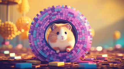 Leinwandbilder - Wholesome pixel art showcasing a hamster energetically running on a pixelated wheel, infusing retro playfulness.