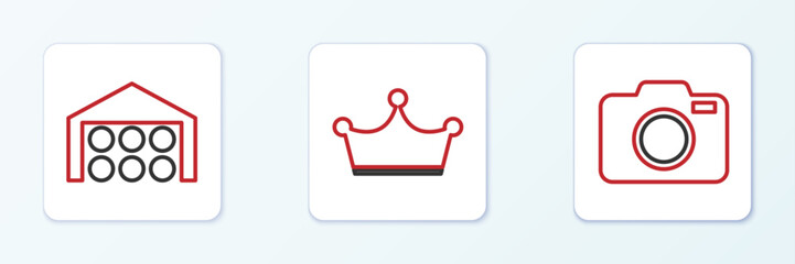 Poster - Set line Photo camera, Warehouse and Crown icon. Vector