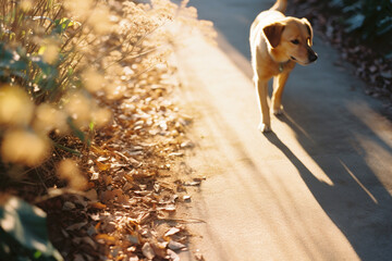 Leinwandbilder - Heartwarming image of a dog's nose shadow on a sunlit path, highlighting the sensory exploration and curiosity of pets.