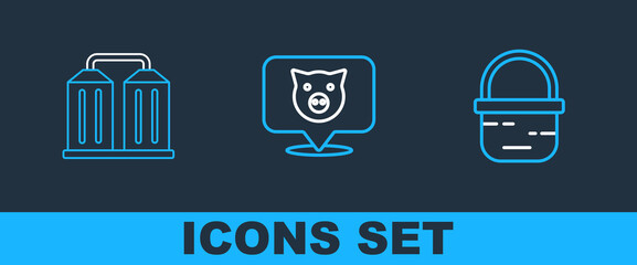 Sticker - Set line Basket, Granary and Pig icon. Vector