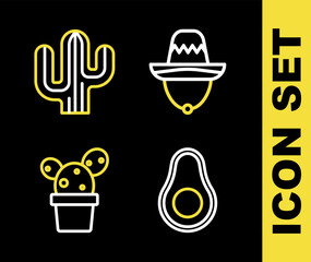 Wall Mural - Set line Mexican sombrero, Avocado fruit, Cactus or succulent in pot and  icon. Vector