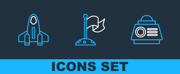 Poster - set line space capsule, rocket ship and moon with flag icon. vector