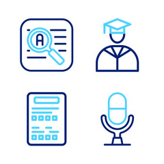 Poster - set line microphone voice device, exam sheet, graduate and graduation cap and translator icon. vecto