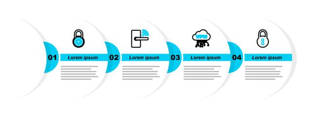 Canvas Print - Set line Lock, Cloud VPN interface, Digital door lock with wireless and Safe combination wheel icon. Vector