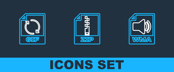 Poster - set line wma file document, gif and zip icon. vector