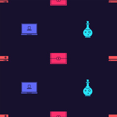 Poster - set bottle with magic elixir, laptop, chest for game and video console on seamless pattern. vector