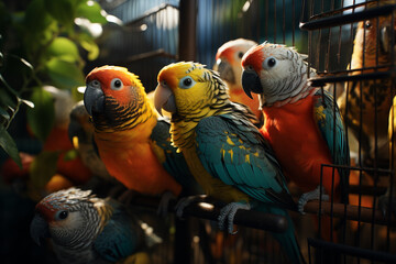 Aufkleber - Chirpy pixel art of parakeets chatting in a pixelated cage, creating a lively scene of avian camaraderie in retro style.